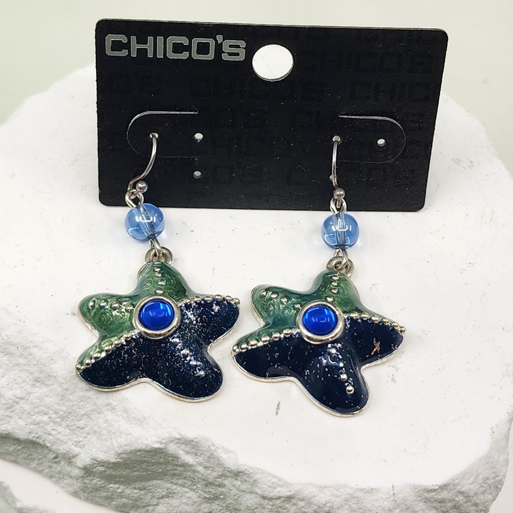 Chico's Starfish Dangle Earrings Blue Green Enamel Silver Tone Coastal Beach